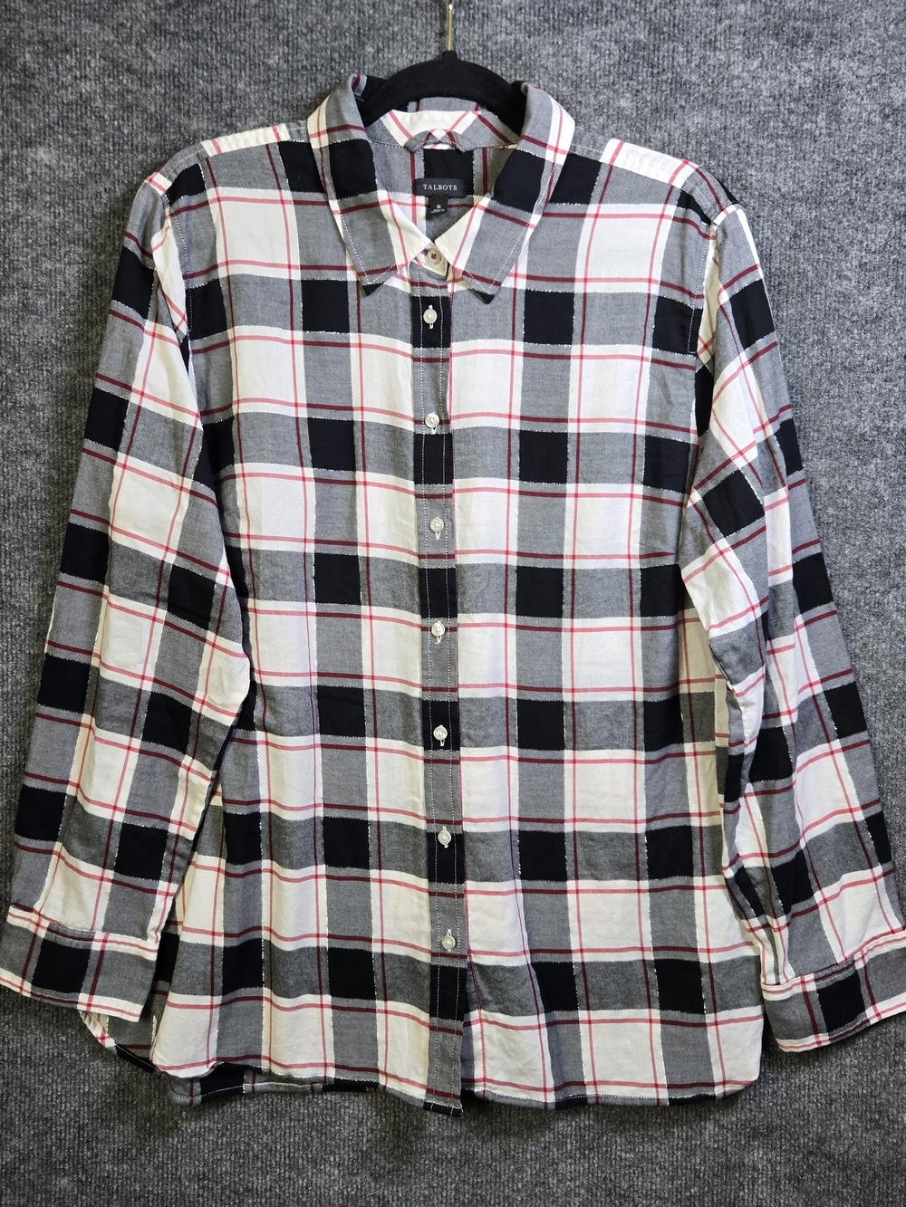 Talbots Shirt Womens XL Black White Plaid Sparkle Lightweight Flannel Button Up